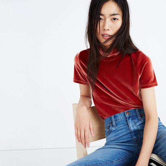 Madewell Velvet Mockneck Tee in Burnished Rust - sz Small - Picture 1 of 4